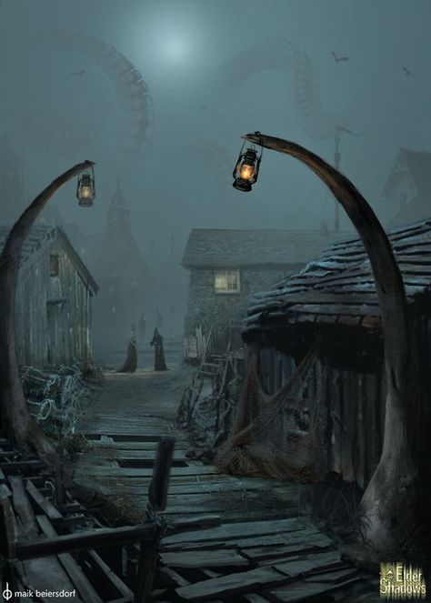 Dark Fantasy City, Dark Fantasy Landscape, Creepy Town, Dark Fantasy World, Lovecraft Art, Arkham Horror, Creature Fantasy, Lovecraftian Horror, Fantasy Settings