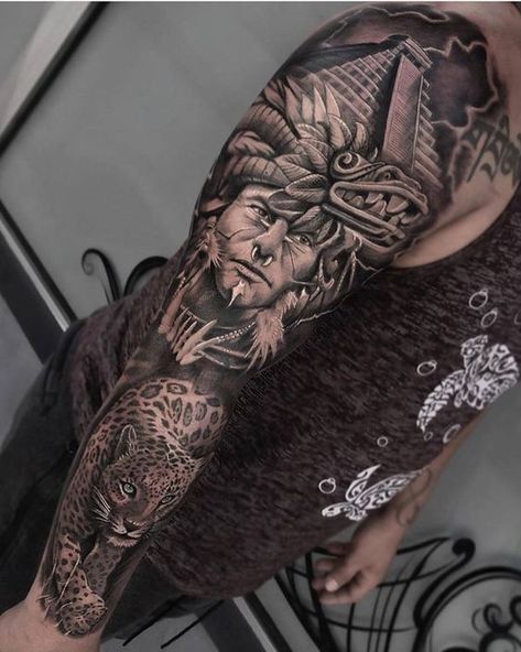 Aztec Tattoos Sleeve, Aztec Warrior Tattoo, Arm Tattoos Drawing, Cute Thigh Tattoos, Jaguar Tattoo, Mayan Tattoos, Aztec Tattoos, Animal Sleeve Tattoo, Full Leg Tattoos