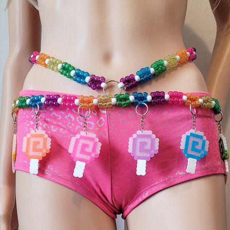 Candy Rave Outfit, Kandi Raver Outfits, Kandi Clothes, Kandi Tie, Kandi Belt, Kandi Harness, Perler Charms, Rave Essentials, Diy Festival Outfit