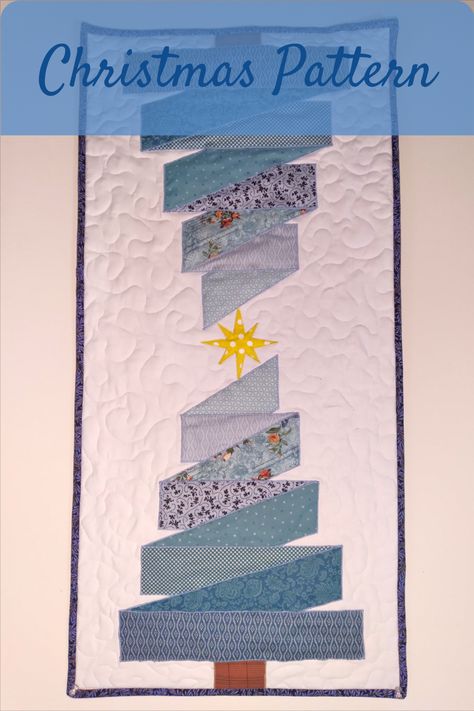 This Christmas/winter season table runner is a great project to use leftover jelly roll strips. This project is listed as an intermediate level of difficulty, there are angles to cut, but the templates make it easy and accurate to do so. Finished project will be approximately 16” x 36”. You can also only make one tree and produce a beautiful small wall hanging. #RibbonChristmasTreePattern #ChristmasQuilt #Applique #TableRunner #WallHanging #Quilt #Intermediate #QuiltPattern Quilted Christmas Tree Wall Hanging Free Pattern, Christmas Tree Runner, Quilted Table Runners Christmas Free Pattern, Quilted Christmas Wall Hangings, Jelly Roll Christmas Tree, Christmas Tree Quilted Table Runner, Christmas Tree Table Runner, Christmas Tree Quilt Pattern, Tree Quilt Pattern