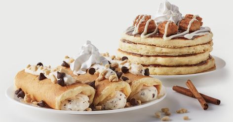 IHOP New Italian Cannoli Pancakes April 2019 | POPSUGAR Family Cannoli Pancakes, Pancakes Ihop, Churro Pancakes, Ihop Pancakes, Italian Cannoli, Best Starbucks Drinks, Pancake Roll, Restaurant Foods, Holy Cannoli