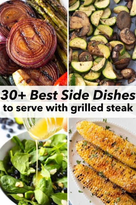 Whether you've got flank steak, skirt steak, a juicy ribeye, or something else, this list of over 30 side dish suggestions is going to make finding the perfect pairing a breeze. Whether it's a family-friendly weeknight meal or a weekend cookout, there's something for everyone. Plus there are grilling tips for steak to ensure your meal is a hit every time. From classic potatoes and salads to flavorful grilled veggies and starchy sides, you're going to love these delicious recipes. Flank Steak Sides Dishes, Sides For Skirt Steak, Ribeye Sides Dishes, Skirt Steak Sides, Steak House Sides, Grill Side Dishes, Marinated Grilled Vegetables, Red Skin Potato Salad, Starchy Sides