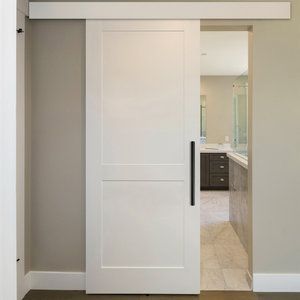 Shaker Panel Sliding Barn Door with 10 different panel designs - Contemporary - Interior Doors - by Glass-Door.us | Houzz Shaker Barn Door, Transitional Interior Doors, Contemporary Interior Doors, White Barn Door, Wood Barn Door, Sliding Doors Interior, Landscape Designs, Sliding Barn Door, Pocket Doors