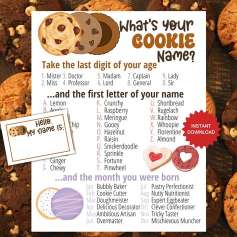 Make your Cookie themed party extra fun with this printable game plus sign and name tag template! Perfect for all ages.  2 game variations in case attendees are same/similar age. This is a digital download. Print as many times as you need! 1 game (2 versions), 1 name tag template and 1 sign included in size US Letter.  Coordinates with Avery Labels #25395. And, check out my cookie game bundle.  8 more fun cookie games. https://www.etsy.com/theflooringgirl/listing/1594003980/ To Use: - Download y Cookie Themed Party, Cookie Party Decorations, Cookie Birthday, Cookie Birthday Party, Birthday Party Game, Name Game, Cookies And Milk, Cookie Games, Baking Games