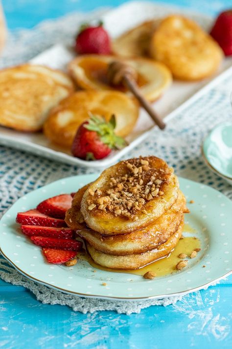 Tiganites: Greek-Style Pancakes with Greek Honey & Baklava Nuts - Dimitras Dishes Honey Baklava, Greek Donuts, Dimitras Dishes, Greek Breakfast, Eat Greek, Pancake Toppings, Savory Crepes, Greek Desserts, Greek Cooking