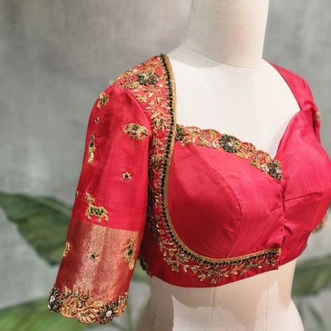 Dm@9640490158 Designer maggam work blouse Fabric: Halfpattu/Rawsilk Dispatch: 3days Price : 3200unstiched . 3750 stitched Colours and sizes can be customised accordingly Different Blouse Neck Designs, Working Blouse Designs, New Fancy Blouse Design, Cut Work Blouse Designs, Blouse Design Ideas, Cut Work Blouse, Indian Blouse Designs, Fashionable Saree, Blouse Necklines