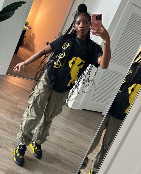 yellow thunder 4/ yellow thunder outfits/ black girl streeetwear outfit Thunder 4s Jordans Outfit Girl, Jordan 4 Outfit Women Black, Jordan Retro 4 Outfits Women, 4s Jordans Outfit, 4s Outfit Women, Jordan 4s Outfit Women, Fits With Jordans, Black Girls Outfits, Jordan 4 Outfit Women