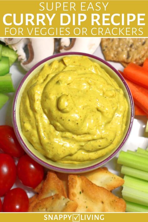 This curry dip recipe made with mayo is tangy and delicious, and great for snacking. It blends curry powder with Lemonaise, mustard and onion. It’s perfect for vegetables, but you can also dip crackers or chips. #currydiprecipes #currydip #vegancurrydip #easydiprecipes #mayocurrydip Savory Cheesecakes, Veggies Snacks, Dip For Veggies, Curry Dip, Kapha Dosha, Dips Recipes, Mustard Dip, Vegetable Dips, Vegetable Dip