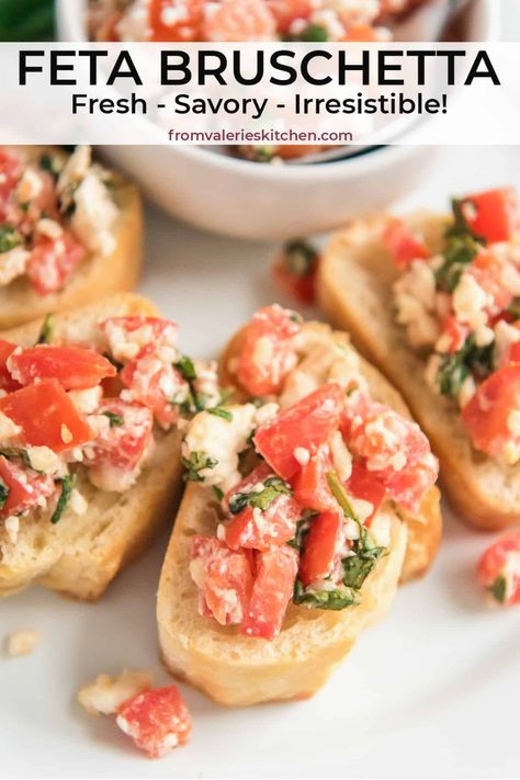 Feta Cheese Appetizers Appetizer Ideas, Bruschetta With Feta Recipe, Feta Bruschetta Dip, How To Use Up Feta Cheese, Brushetta Recipes With Feta, Food With Feta Cheese, Bruschetta Recipe With Feta Cheese, Baguette Recipe Ideas Appetizers, Feta Cheese Snacks