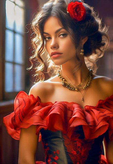 Senorita Hairstyles, Spanish Flamenco Hair, Spanish Style Photoshoot, Traditional Puerto Rican Hairstyles, Flamenco Hairstyle, Italian Hairstyles, Dancing Hairstyles, Astro Aesthetic, Spanish Hairstyles