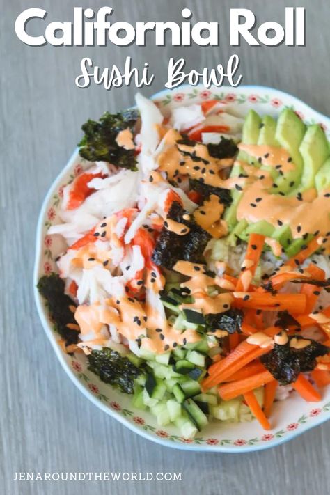 Love sushi but don't know how to make it? This California Roll Sushi Bowl will help you achieve that same effect for sushi without having to roll any rolls. It is simple and easy to make and topped with black sesame seeds and spicy mayo. This Asian-inspired dish is great for dinners or lunch. California Sushi Bowl, California Roll Sushi Bowl, California Roll Bowl, California Bowl, California Roll Sushi, Roll Sushi, Sushi Bowl, California Roll, Asian Inspired Dishes