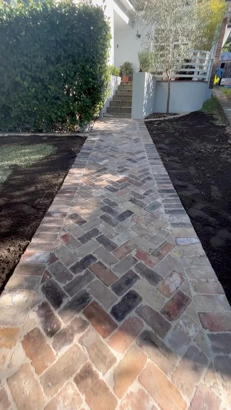 Crazy Pave Porch, Recycled Brick Pathway, Recycled Brick Driveway, Red Brick Landscaping Ideas, Red Brick Pathway, Recycled Brick Path, Recycled Brick Paving, Front Pathway Ideas, Paved Pathway