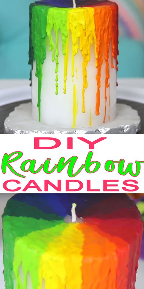 DIY rainbow candles! Learn how to make these colorful rainbow candles - dripping Crayola crayon candles. Drip Candles Diy, Candles Dripping, Crayon Candle, Soy Candle Business, Diy Natural Candles, Rainbow Candles, Drip Candles, Crayon Candles, Soap Moulds