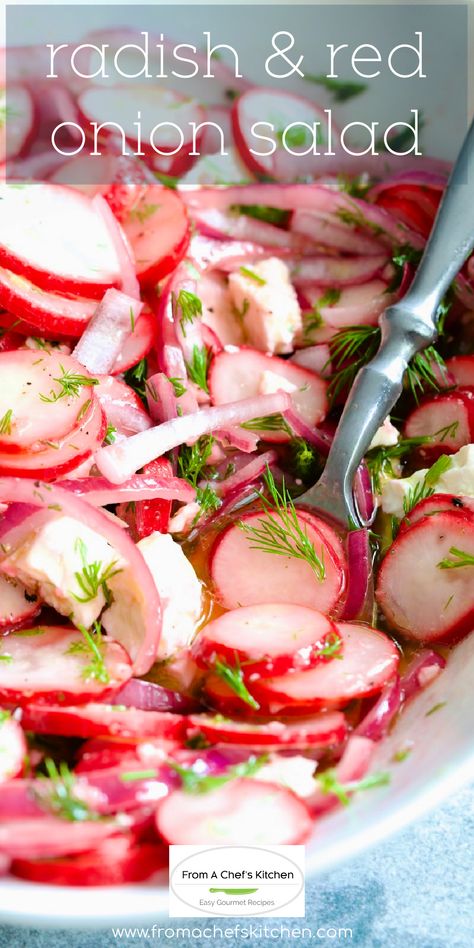 This bright and zesty Radish Salad with red onions, creamy feta cheese, and fragrant fresh dill is a lively addition to your table. It comes together quickly, and with a tangy lemon vinaigrette, it pairs perfectly with crab cakes! Things To Make With Radishes, Raw Onion Salad, Red Radish Salad, Radish Salad Mexican, Cooked Radish Recipes, Radish Salad Recipe Simple, Red Radish Recipes, Recipes With Dill Herb, Raddish Meals