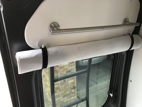 We got tired of having  fight with the bathroom curtains every time we put them in place. Those magnets are strong!  … so, Dave trimmed them to fit better … installed a small dowel in the bottom of each one … added some Velcro and attached some hooks. … Simple and wonderful mod!! … #winnebagolife #travato59k #campingvanmod Travato 59k, Winnebago Travato, Rv Tips, Rv Storage, Rv Hacks, Rv Ideas, Rv Stuff, Bathroom Curtains, Sedona