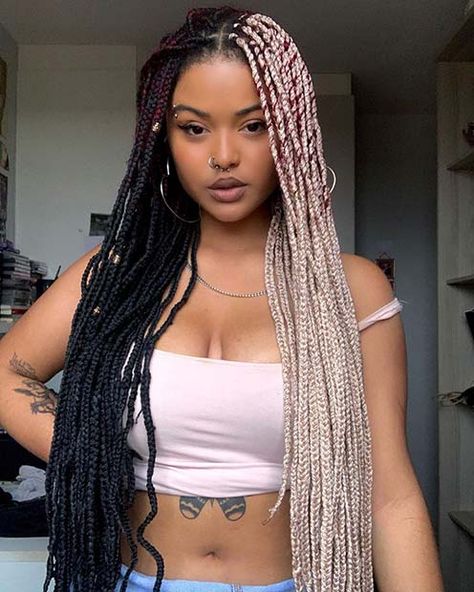 Split Color Box Braids, Pretty Box Braids, Colorful Box Braids, Box Braids With Color, Boxed Braids, Braids With Color, Paramore Concert, Half And Half Hair, Colored Box Braids