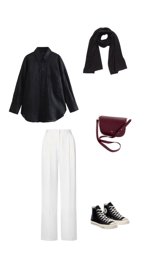 black shirt, white trousers, black converse chuck 70, burgundy bag, black hijab, hijabi outfit Denim Outfit Hijab, Black Converse Chuck 70, Hijabi Summer, Hijabi Summer Outfits, Black Shirt Outfits, White Hijab, Black Hijab, Burgundy Bag, Hijabi Outfit