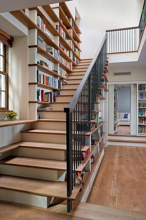 17 Unusual Interactive Staircase Designs | Home Design And Interior Bookcase Stairs, Staircase Bookshelf, Stair Bookshelf, Modern Home Library, Apartemen Studio, Stair Shelves, تحت الدرج, Stair Rail, Stair Case