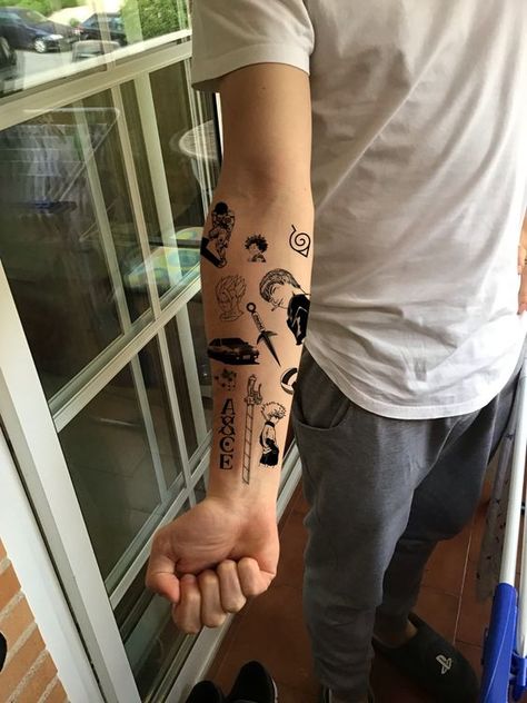 Cool Design Tattoos For Men, Patchwork Tattoo Ideas Anime, Anime Tattoo Patchwork, One Piece Arm Tattoo, Multiple Small Tattoos On Arm, Anime Patchwork Tattoo Sleeve, Multiple Tattoos On Arm, Naruto Minimalist Tattoo, Naruto Tattoo Ideas Minimalist