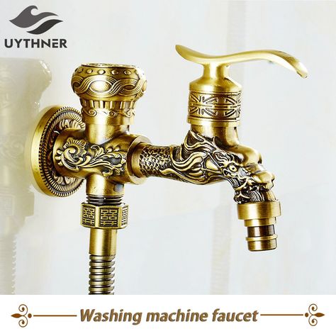 Uythner Free Shipping Antique Brass Wall Mounted Single Cold Carved Bathroom Washing Machine & Mop Faucet with Two Water Exists Gold Bathrooms, Round Stock Tank, White On White Kitchen, Small Tubs, Bathtub Curtains, Hardware For Bathroom, Princess Bathroom, Kitchen Ideas White, Tap Design