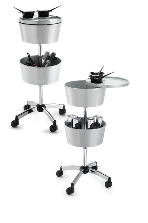 For an original hairdresser salon décor, the Color Cup Double colouring trolley design hits the mark, providing even more space for brushes and other tools. A practical hairdressing trolley for dyeing with a swivel top designed to fit 2 color bowls, 2 compartments for all the materials used during the color service. The 4-star chromed base with wheels makes it easy to move from one hairdresser styling unit to another. Trolley Design, Hairdressing Trolley, Glam Ideas, Hairdresser Salon, Salon Furniture, Salon Decor, Relocation, Innovation Design, Make It Simple