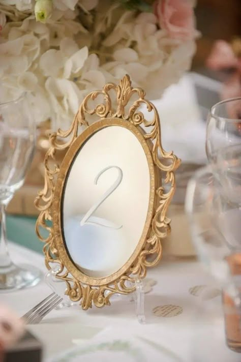 Wedding Table Numbers Gold, Mirror Table Numbers, Gold Wedding Table Numbers, Beauty And The Beast Wedding Theme, Bridgerton Wedding, Gold Table Numbers, Beauty And The Beast Wedding, Elegant Mirrors, Wedding Reception Tables