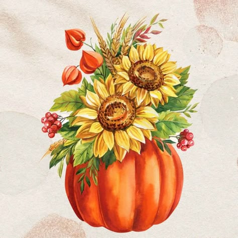 Fall Pictures With Pumpkins, Fall Watercolors, Pumpkin Bouquet, Fall Doodles, Autumn Projects, Pumpkin Coloring, Fall Paintings, Pumpkin Vase, Sunflower Vase