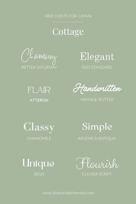 List of eight free fonts for Canva in cottage, cottage core style. Cottage Core Font, Earthy Fonts, Fonts For Canva, Canva Font Combinations, Free Canva Elements, Brand Kits, Fonts Canva, Business Branding Inspiration, Canva Fonts