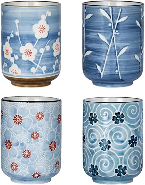 Amazon.com | Sunddo Japanese Ceramic Tea Cups 11 oz Blossom Teacups Tea Gifts Set of 4: Teacups Ceramics Easy, Blue Tea Cups, Japanese Ceramics Pottery, Ceramic Tea Cups, Chinese Tea Cups, Blue Tea Cup, Japanese Tea Cups, Japanese Tea Set, Tea Gift Sets