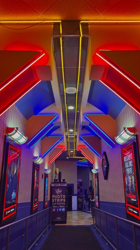 Neon Movie Theater, 90s Movie Theater Aesthetic, 80s Movie Theater, 80s Core, Goth Room Ideas, 80s Cinema, Starcourt Mall, Theater Aesthetic, Movie Theater Aesthetic