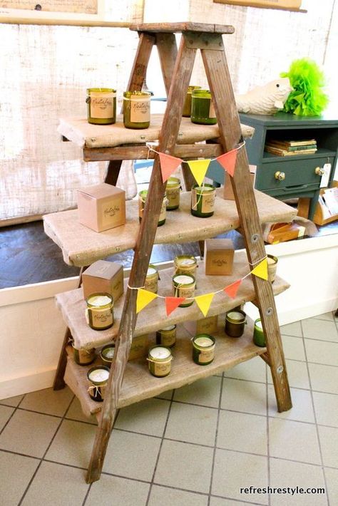 How to use a ladder for display. might do this in my dining room for christmas. found an old ladder on the roadside. How To Make A Ladder Shelf, Farmers Market Display, Simple Soap, Craft Booth Display, Soap Display, Vendor Displays, Old Ladder, Craft Fairs Booth, Craft Booth Displays