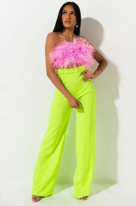 Feather Top Outfit, Neon Pants, Neon Photoshoot, Garden Party Outfit, Feather Gown, Feather Top, Embellished Crop Top, Barbie Wardrobe, Taylor Swift Tour Outfits