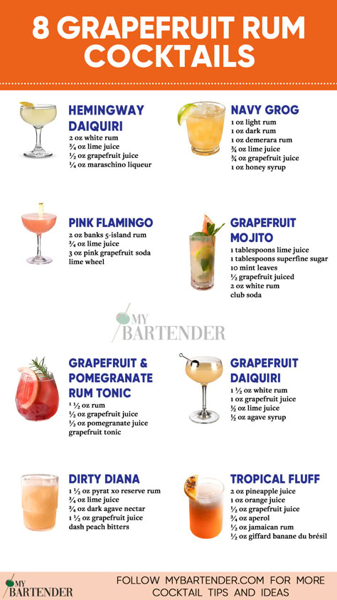 Grapefruit Rum Cocktails Cocktails With Grapefruit Juice, Rum Sour Recipe, Rum Sour, Grapefruit Cocktail Recipes, Bartender Drinks Recipes, Grapefruit Cocktail, Homemade Alcohol, Rum Cocktail Recipes, Bartender Drinks