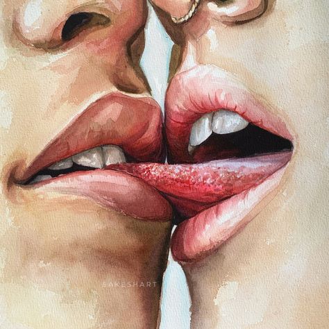 Paintings Of Kissing, Lips Kissing Painting, Leg Kiss Reference, People Kissing Painting, Lips Kissing Sketch, Tongue Kiss Reference Drawing, Kissing Painting, Tongue Painting, Face Distortion