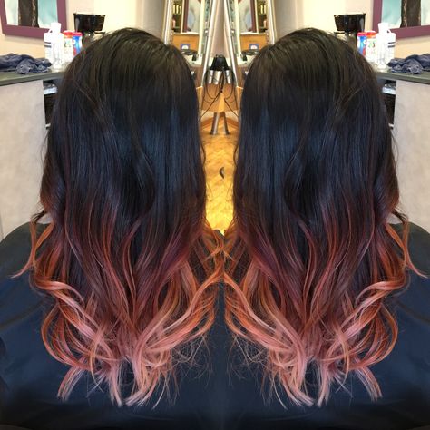 Black hair and rose gold ombre done by Katie S Rose Gold Hair Ombre, Medium Natural Hair Styles, Gold Balayage, Rose Gold Balayage, Hair Color Idea, Rose Gold Ombre, Gold Hair Colors, Hair Color Rose Gold, Gold Ombre