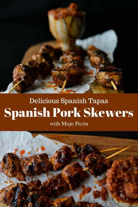 Spanish Entrees, Spanish Pork, Spanish Tapas Recipes, Tapas Party, Pork Skewers, Tapas Dishes, Spain Food, Tapas Recipes, Spanish Tapas