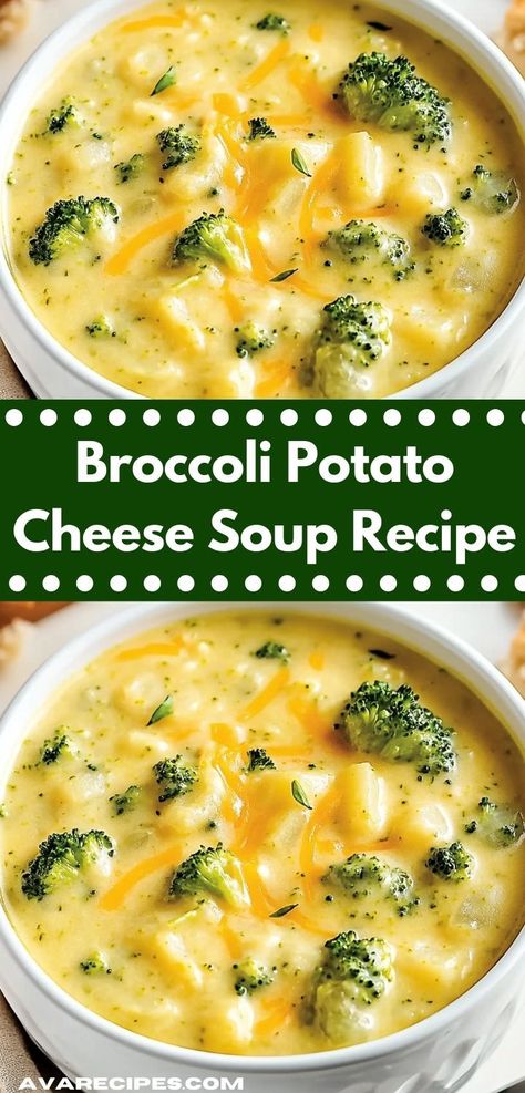 Craving a deliciously creamy soup? This Broccoli Potato Cheese Soup Recipe will satisfy your taste buds with its rich flavors. It's a quick, healthy soup recipe that your whole family will love, ensuring everyone cleans their bowls. Broccoli Potato Soup Recipes, Cheddar Broccoli Potato Soup, Broccoli Potato Cheese Soup, Potato Cheese Soup, Broccoli Potato Soup, Broccoli Potato, Cheese Soup Recipe, Cheese Soup Recipes, Potato Cheese