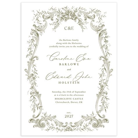 Complement your storybook romance with wedding stationery to match! This Victorian-era-inspired wedding invitation features an ornate border of antique flourishes and vines which frame the info in cursive and serif font. Fantasy Wedding Invitations, Victorian Wedding Invitations, Fairytale Wedding Invitations, Wedding Planning Apps, Bookmark Ribbon, Ornate Border, Antique Frame, Victorian Wedding, Fantasy Wedding