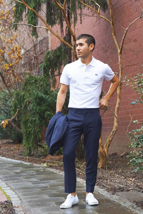 White Polo Outfit Men, White Polo Outfit, Boys Beard Style, Lacoste Outfit, Polo Outfit Men, Mens Navy Suit, Polo Shirt Outfit Men, Lacoste Clothing, Sneakers Outfit Men