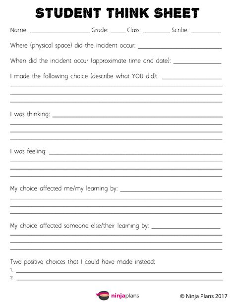 Behavior Think Sheet Free Printable, Student Reflection Sheet, Think Sheet, Student Information Sheet, Think Sheets, Behavior Reflection, First Classroom, Student Reflection, Classroom Lesson Plans