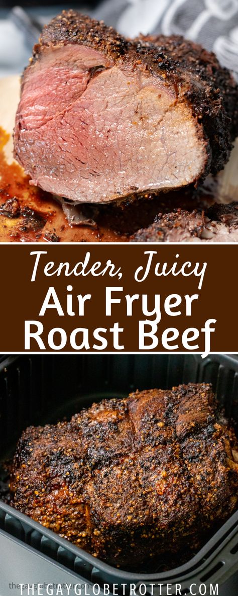 Air fryer roast beef is tender, juicy, and perfectly seared. This easy air fryer roast recipe is made with beef sirloin tip roast, or beef chuck roast, that's coated with montreal steak spice then roasted until medium rare. #gayglobetrotter Air Fryer Roast Beef, Air Fryer Recipes Beef, Air Fryer Roast, Easy Easter Dinner, Chuck Roast Recipes, Sirloin Tip Roast, Roast Lamb, Air Fryer Cooking Times, Cooking A Roast