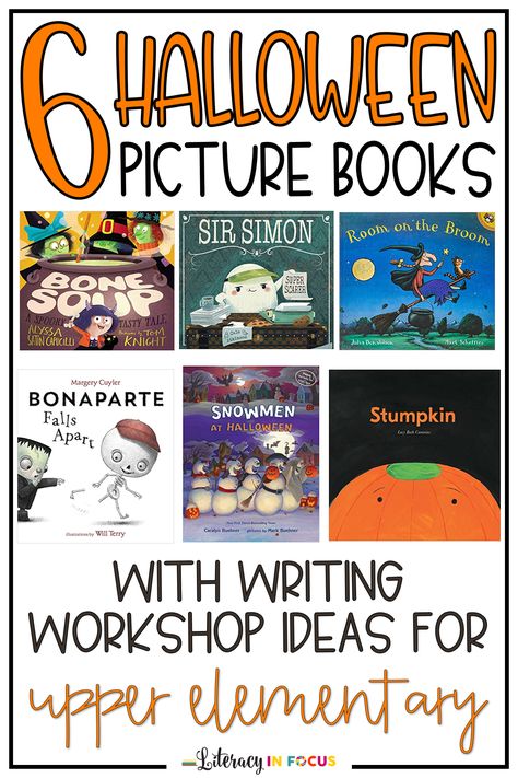 Combine writing instruction with Halloween picture books! These fun #Halloween reading and writing activities are perfect for upper elementary and middle school students. Older kids will love the fun workshop style writing practice! The books and lessons will work well with 4th, 5th, and 6th grade students. You can also use the writing lessons for #distancelearning and #homeschool. Click to see all the engaging lesson ideas today! #fourthgrade #fifthgrade #sixthgrade #literacycenters #october Upper Grade Halloween Activities, 3rd Grade October Activities, Halloween Book And Activity, Halloween Ela Activities 4th Grade, Halloween Writing 3rd Grade, Fifth Grade Halloween Activities, Halloween Lessons Elementary, Fall Writing Activities 4th Grade, Halloween Writing Activities 3rd Grade