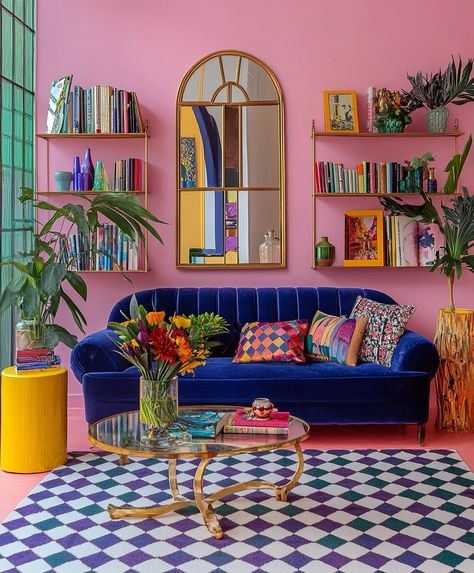 Bright Blue Living Room, Maximalist Blue Living Room, Blue And Pink Maximalism, Bright Blue Velvet Sofa Living Room, Maximalist Pink Living Room, Blue Sofa Maximalist Living Room, Funky Eclectic Decor, Retro Living Room Decor, Colorful Couch