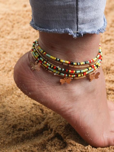 Anklet Bead Ideas, Cute Anklets Beaded, Anklet Designs Beads, Beaded Anklets Boho, Bead Accessories, Korean Accessories, Anklet Designs, Ankara Gown, Beaded Anklet