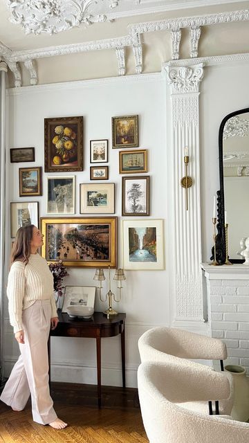 Chic Gallery Wall, Gallery Wall Around Fireplace, Elegant Gallery Wall Living Room, Parisian Eclectic Bedroom, Gallery Wall With Molding, Parisian Living Room With Tv, Gallery Wall With Window In Middle, French Frames Wall, Old Money Gallery Wall