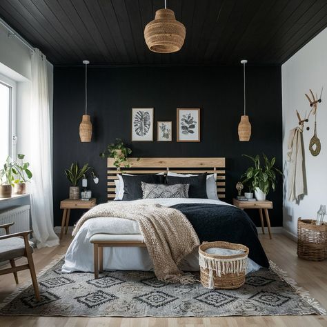 #diyheadboard #homedecor #bedroomdecor #diyprojects #bedroomideas #furnituremakeover #creativeheadboard #homedecorinspo #bedroommakeover #diyinspiration Modern Farmhouse Bedroom With Black Accent Wall, Master Room Decor Ideas Wood Bed, Black Wood Panel Wall Bedroom, Urban Bedroom Ideas Men, Black And Wood Master Bed, Moody Bedroom Black Walls, Black White Wood Bedroom Ideas, Black Bedroom Wood Accents, Black Wood And White Bedroom