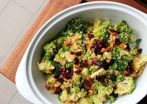 Broccoli Couscous Salad | Insun Lee Broccoli Couscous, Vegetable Couscous Recipes, Brócoli Salad, Special Diet Recipes, Charred Broccoli, Couscous Salad Recipes, Vegetable Couscous, Tenderstem Broccoli, Zucchini Feta