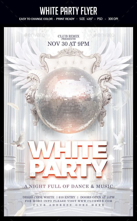 White Party Flyer #White, #Party, #Flyer All White Cocktail Party, All White Party Flyer, Gala Flyer, White Party Invitations, Silver Poster, Diamonds Dress, Party Flyer Design, Birthday Cocktail, Mary Kay Party