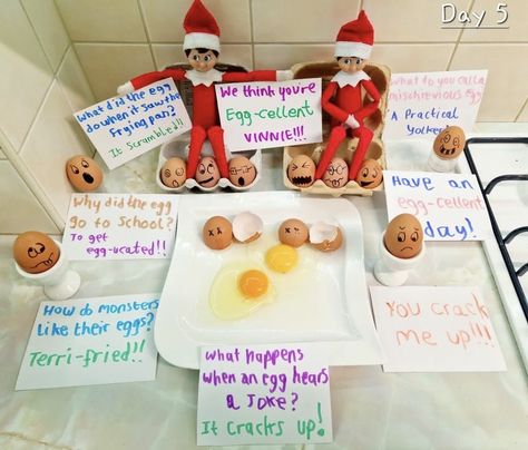 Elf Cracked Eggs, Elf And Egg Joke, Egg Joke Elf On The Shelf, Elf On Shelf Eggs, Elf Egg Joke, Elf On The Shelf Egg Jokes, Elf On The Shelf Eggs Ideas, Elf On The Shelf Eggs, Silly Elf On The Shelf Ideas Funny