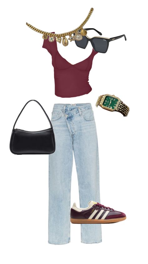 Outfit inspiration for dinner outfits casual but classy. Can be also inspiration for back to school outfits. This is perfect for casual going out style, modern dinners, girls night, date night, and more. Cute maroon top with baggy light wash jeans, leather black purse, gold antique watch, gold charm necklace, and maroon red adidas samba shoes. Summer modern minimalist mature style outfits. #backtoschool Maroon Top Outfit, Dinner Outfits Casual, Adidas Samba Shoes, Dinner Fits, Dressy Jeans, Samba Shoes, Maroon Top, Night Date, Antique Watch